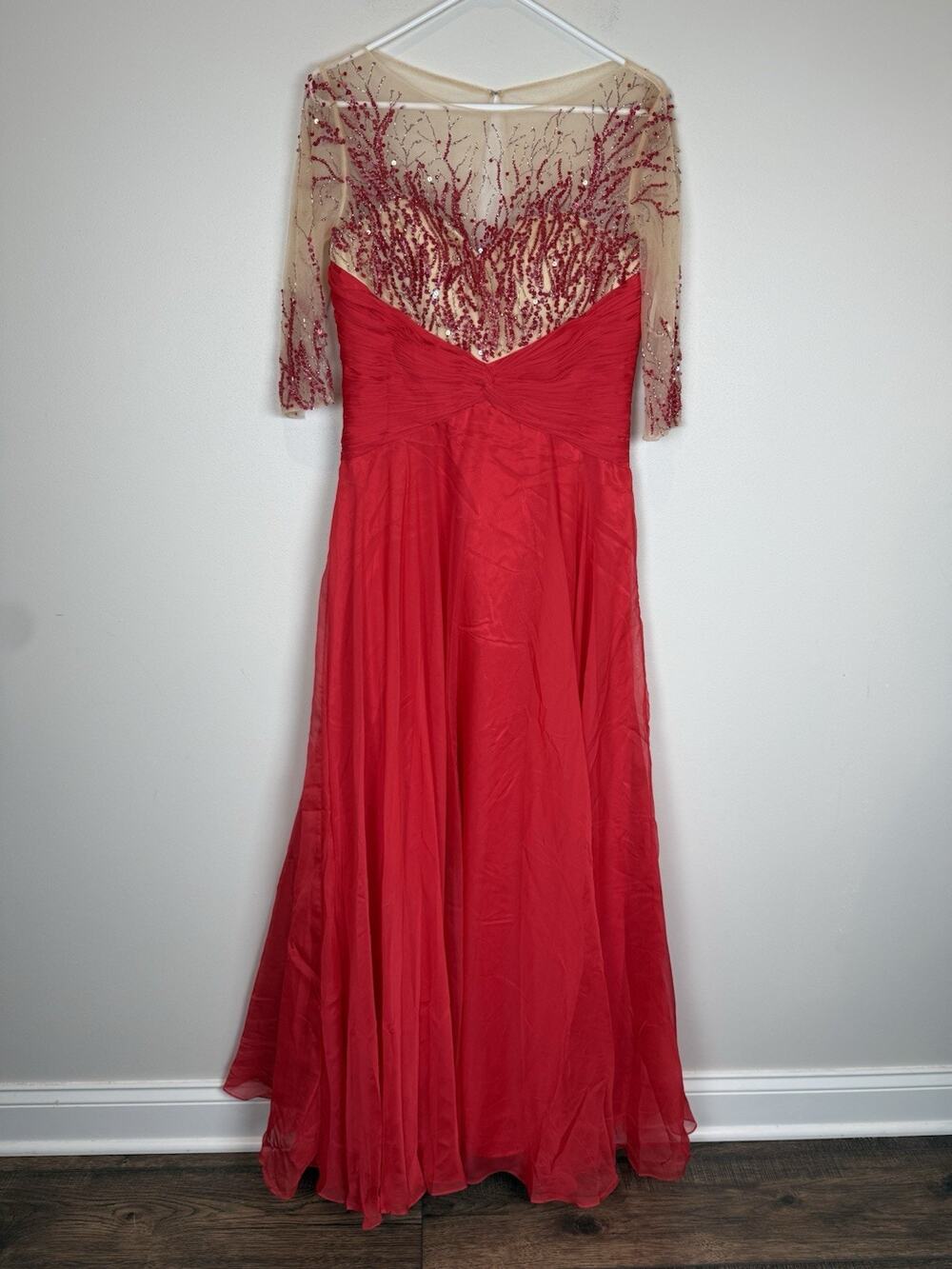 Vtg Red Lace Long Sleeve Embellished Prom Dress Gown 90’s Y2K Sz Large
